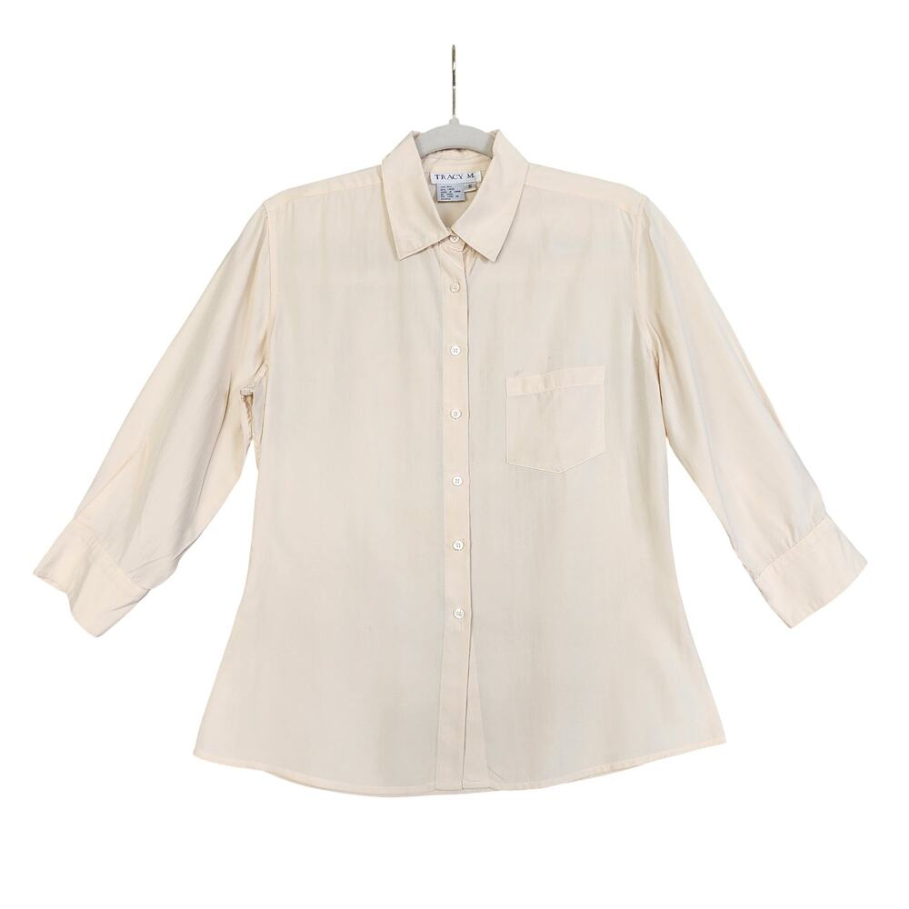 Tracy M Womens Vintage Silk Button Down Short Size Small Cream Beige 3/4 Sleeves